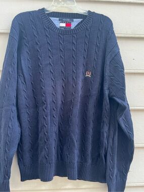 Tommy Hilfiger Navy Cable Knit Crewneck Sweater with Crest